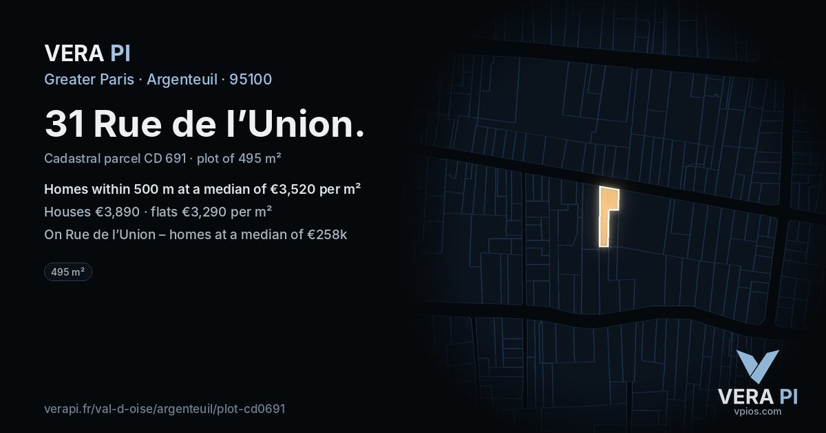 31 Rue de l’Union, Argenteuil at night – the plot lit, the parcels around coloured by the prices near them