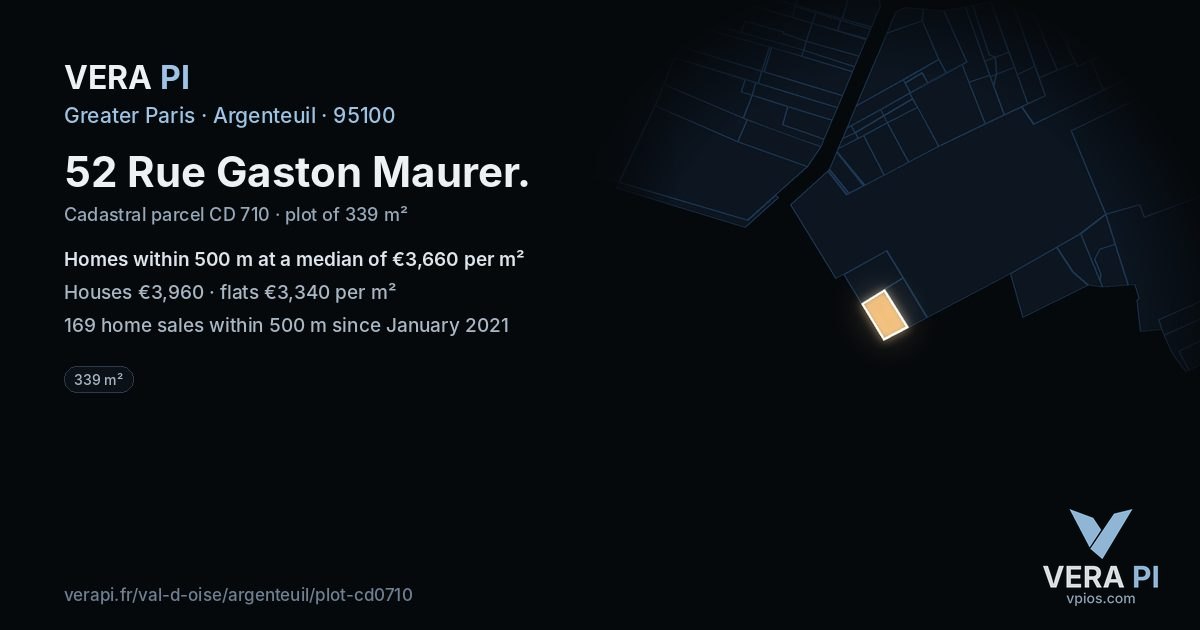 52 Rue Gaston Maurer, Argenteuil at night – the plot lit, the parcels around coloured by the prices near them