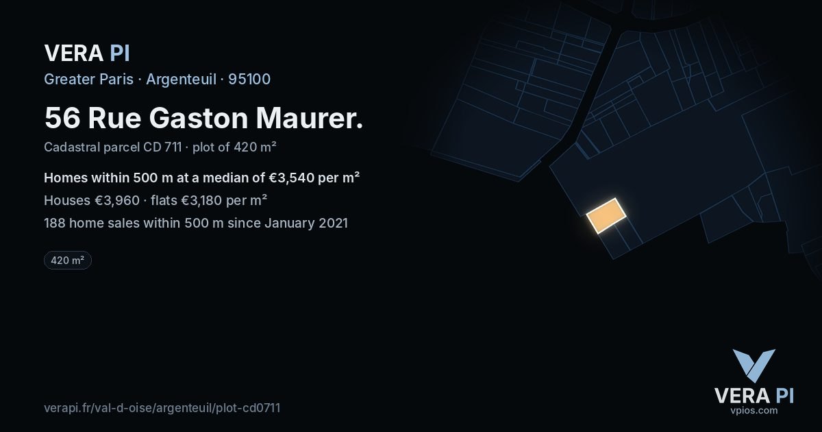 56 Rue Gaston Maurer, Argenteuil at night – the plot lit, the parcels around coloured by the prices near them