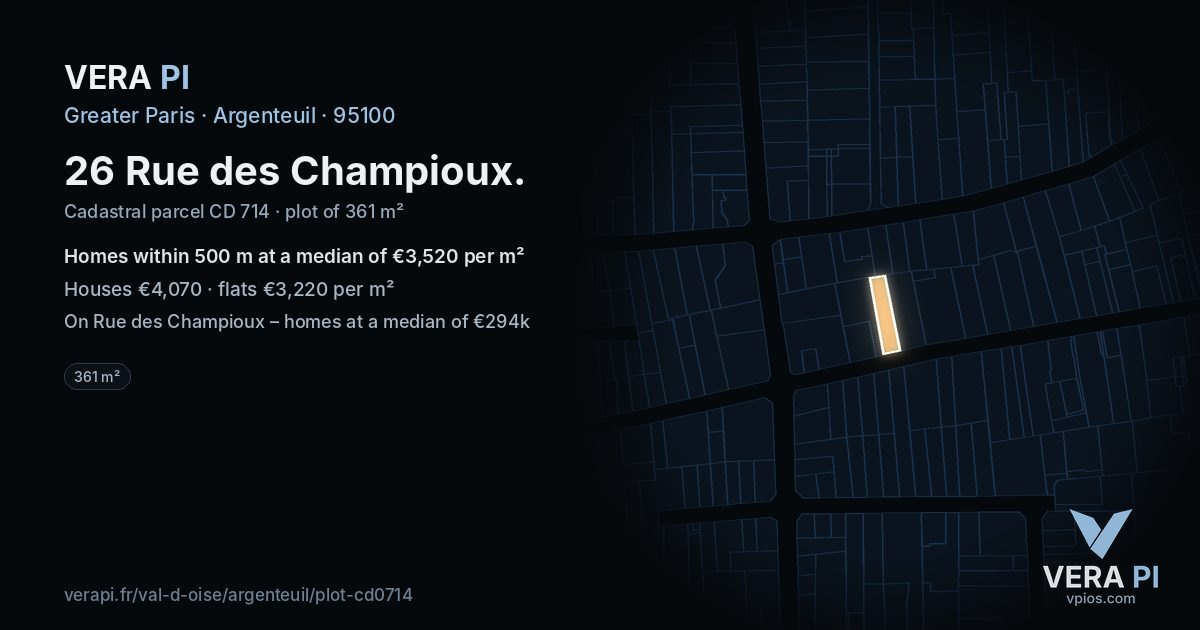 26 Rue des Champioux, Argenteuil at night – the plot lit, the parcels around coloured by the prices near them