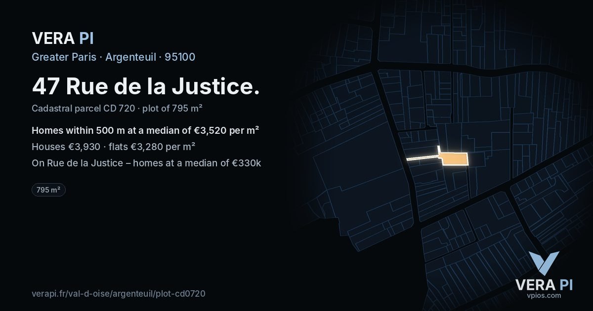 47 Rue de la Justice, Argenteuil at night – the plot lit, the parcels around coloured by the prices near them