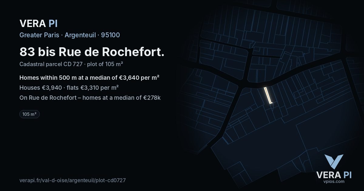 83 bis Rue de Rochefort, Argenteuil at night – the plot lit, the parcels around coloured by the prices near them