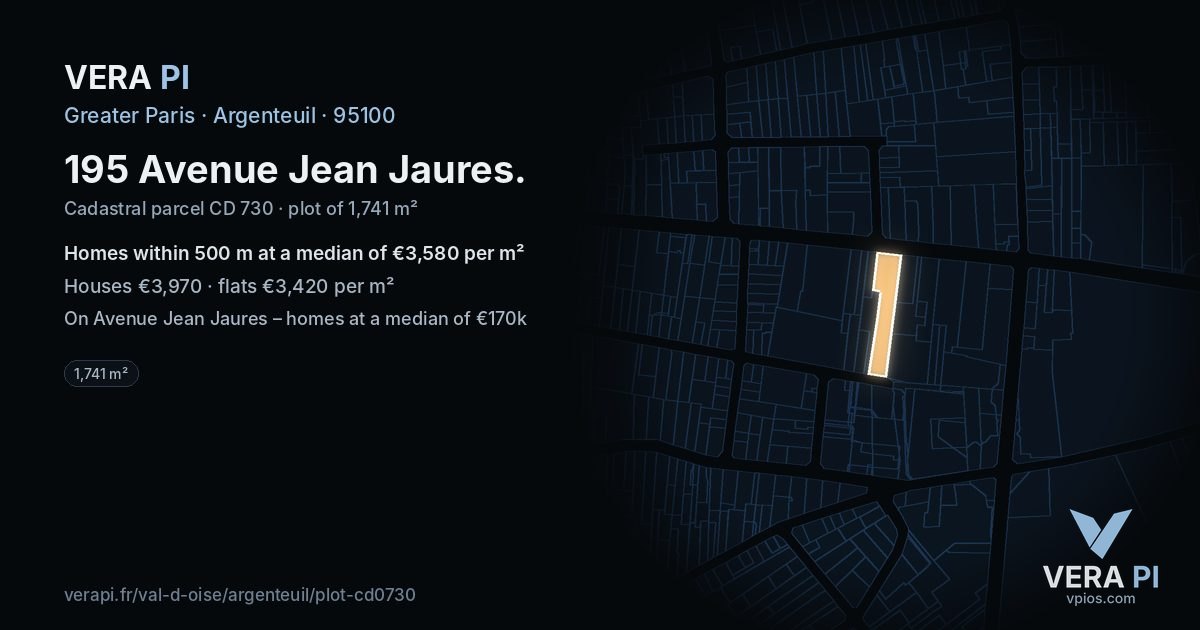 195 Avenue Jean Jaures, Argenteuil at night – the plot lit, the parcels around coloured by the prices near them
