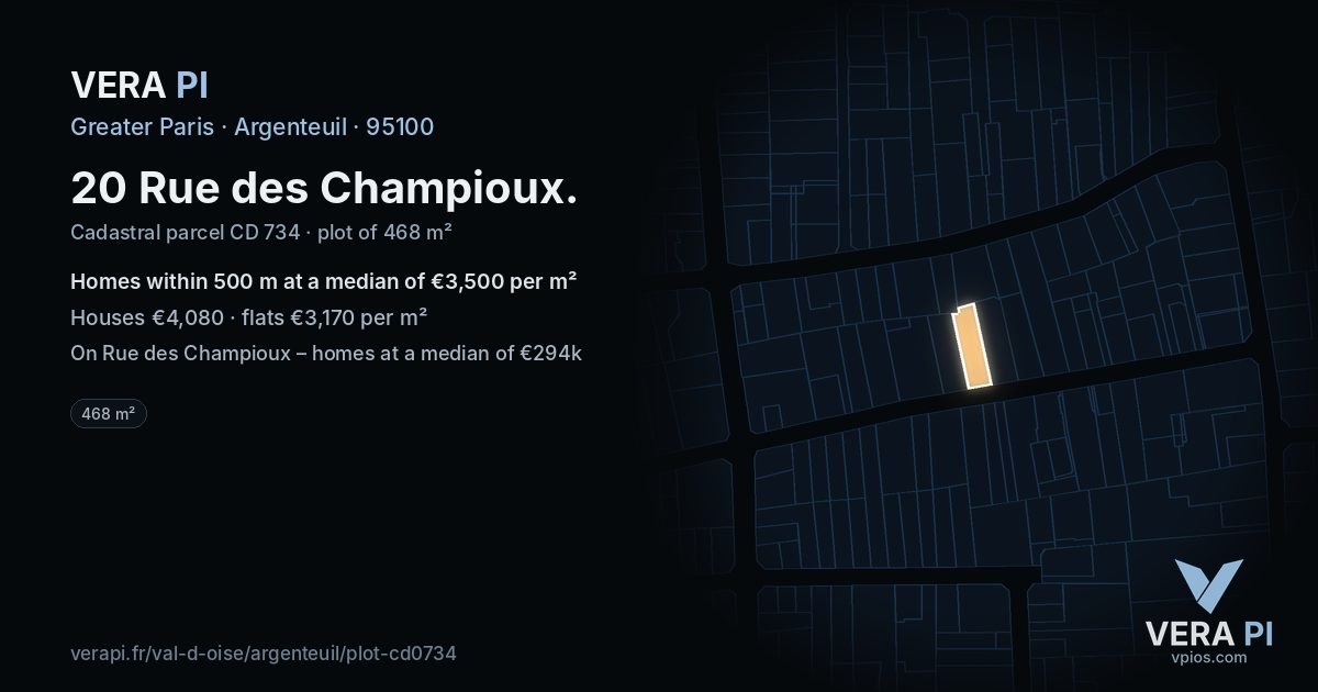 20 Rue des Champioux, Argenteuil at night – the plot lit, the parcels around coloured by the prices near them