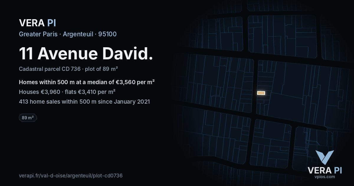 11 Avenue David, Argenteuil at night – the plot lit, the parcels around coloured by the prices near them