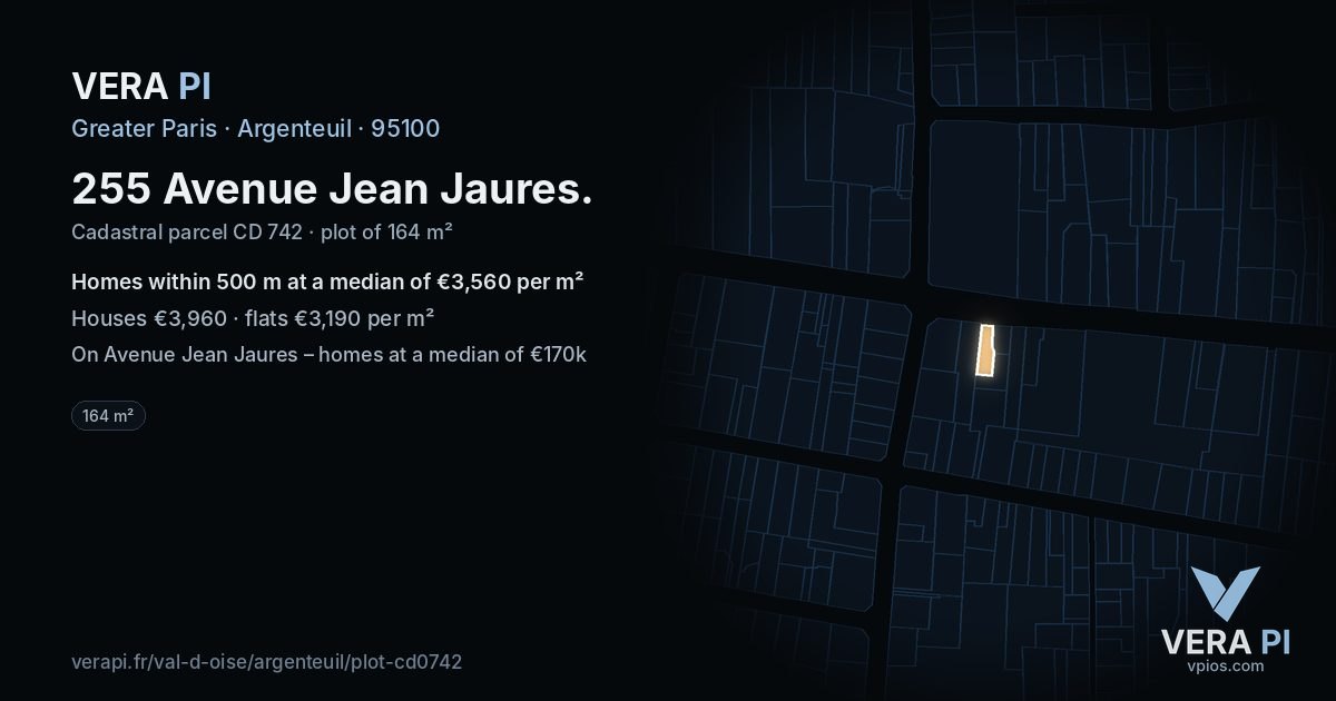 255 Avenue Jean Jaures, Argenteuil at night – the plot lit, the parcels around coloured by the prices near them