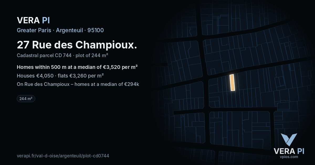 27 Rue des Champioux, Argenteuil at night – the plot lit, the parcels around coloured by the prices near them