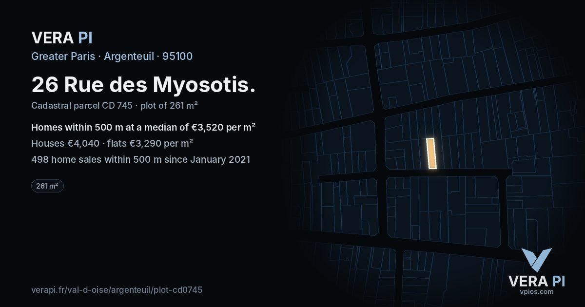 26 Rue des Myosotis, Argenteuil at night – the plot lit, the parcels around coloured by the prices near them