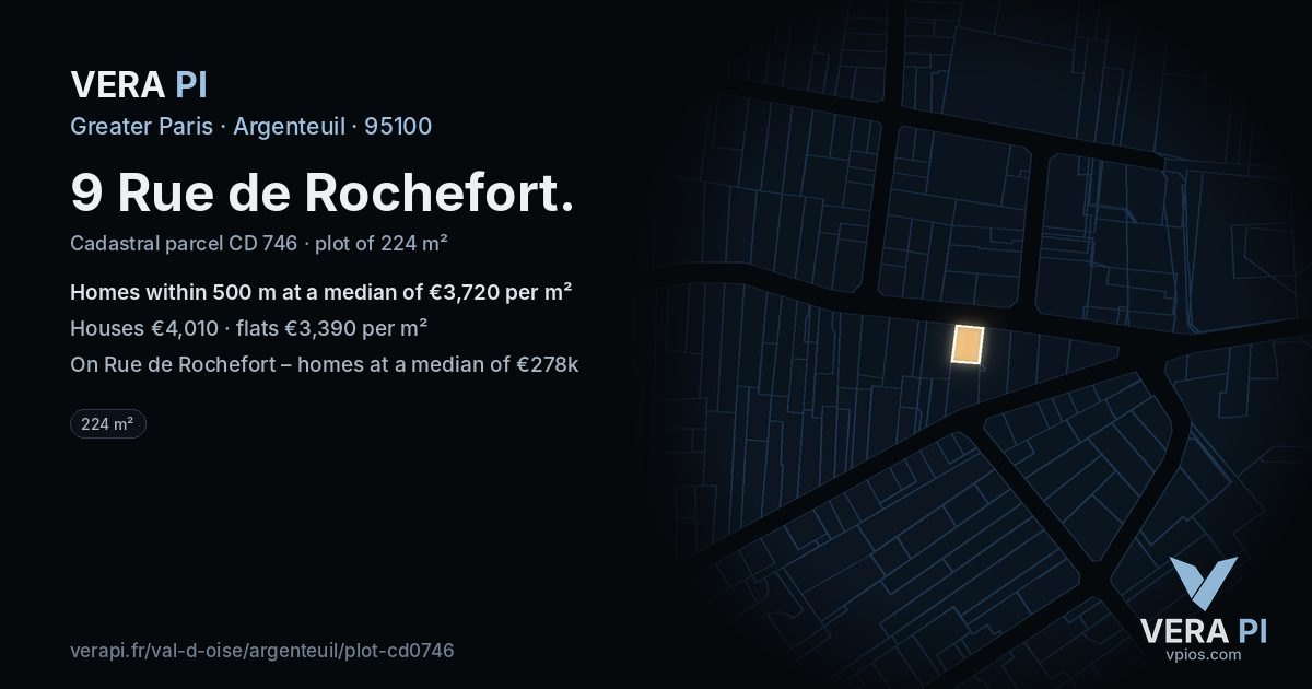9 Rue de Rochefort, Argenteuil at night – the plot lit, the parcels around coloured by the prices near them