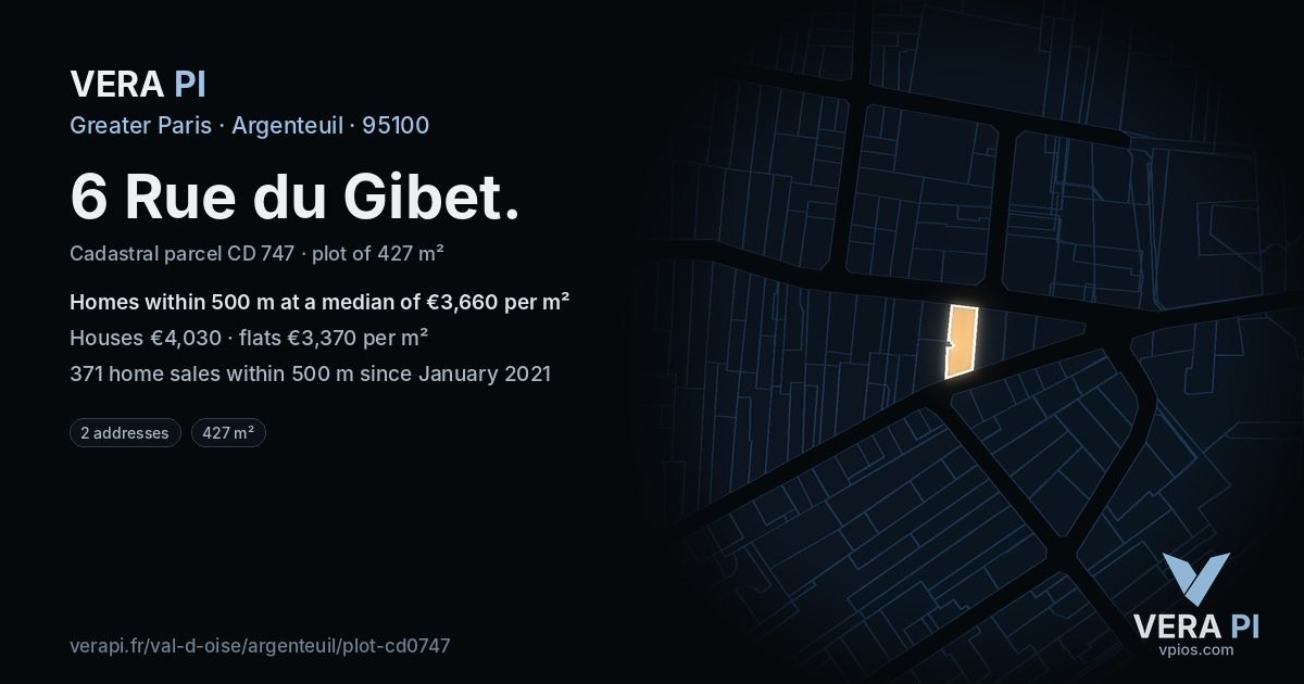 6 Rue du Gibet, Argenteuil at night – the plot lit, the parcels around coloured by the prices near them