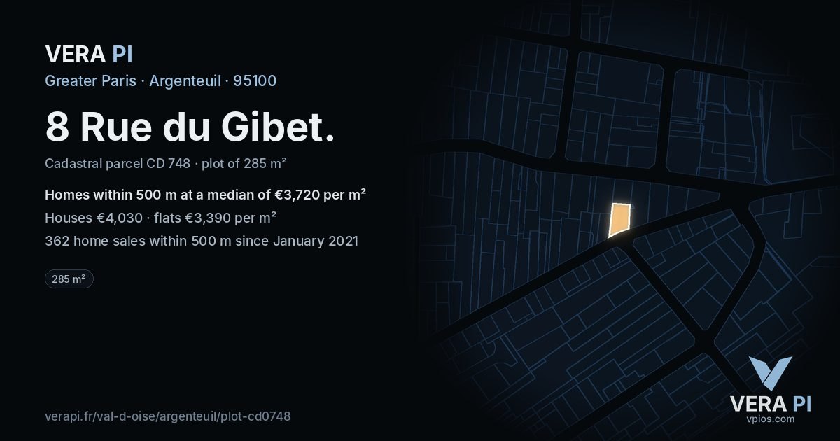 8 Rue du Gibet, Argenteuil at night – the plot lit, the parcels around coloured by the prices near them