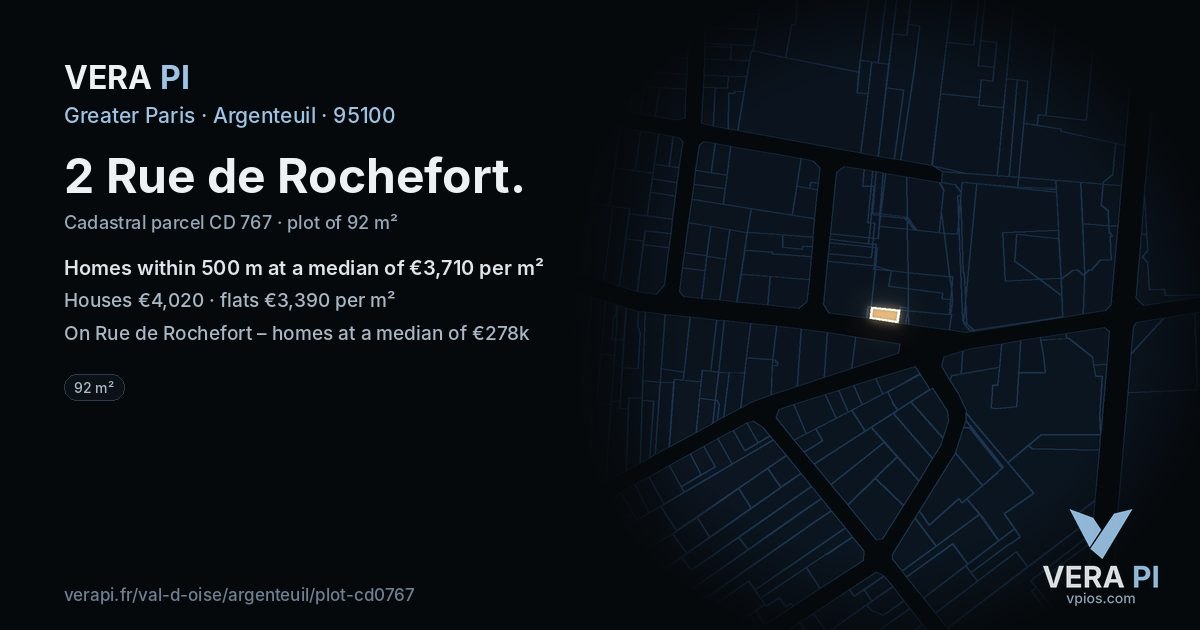 2 Rue de Rochefort, Argenteuil at night – the plot lit, the parcels around coloured by the prices near them