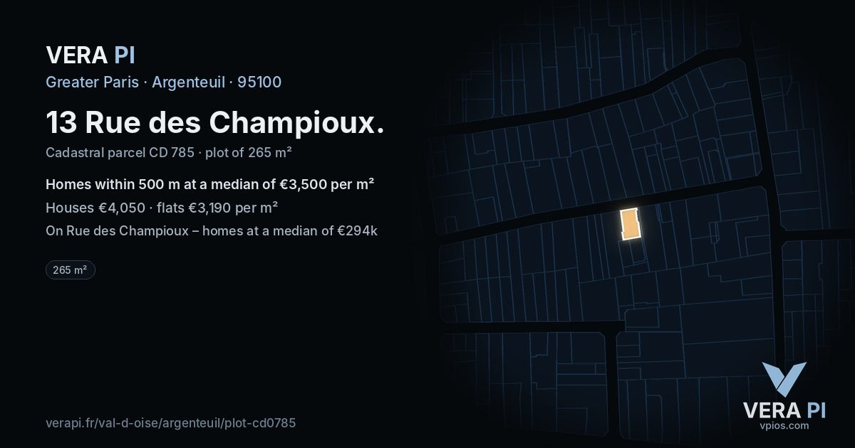 13 Rue des Champioux, Argenteuil at night – the plot lit, the parcels around coloured by the prices near them