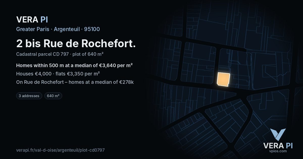 2 bis Rue de Rochefort, Argenteuil at night – the plot lit, the parcels around coloured by the prices near them