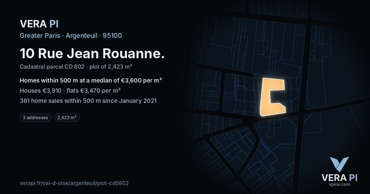 10 Rue Jean Rouanne, Argenteuil at night – the plot lit, the parcels around coloured by the prices near them