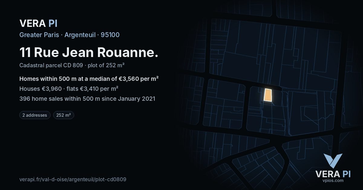 11 Rue Jean Rouanne, Argenteuil at night – the plot lit, the parcels around coloured by the prices near them