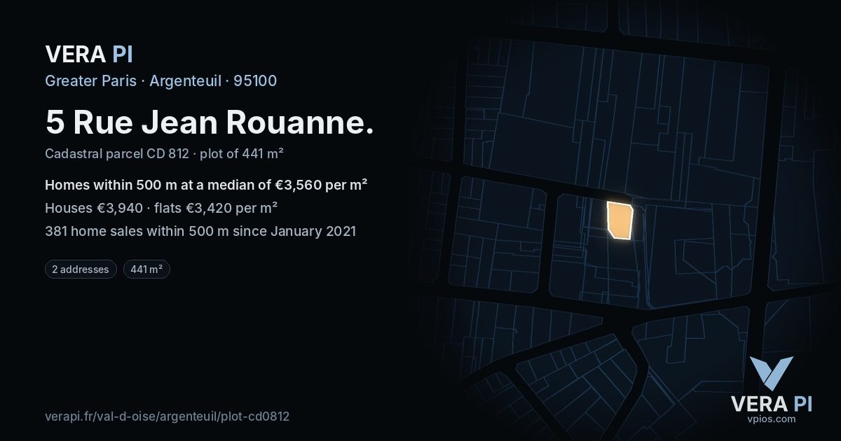 5 Rue Jean Rouanne, Argenteuil at night – the plot lit, the parcels around coloured by the prices near them