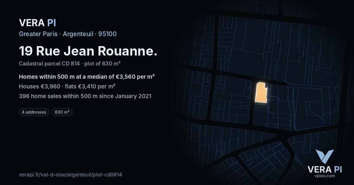 19 Rue Jean Rouanne, Argenteuil at night – the plot lit, the parcels around coloured by the prices near them