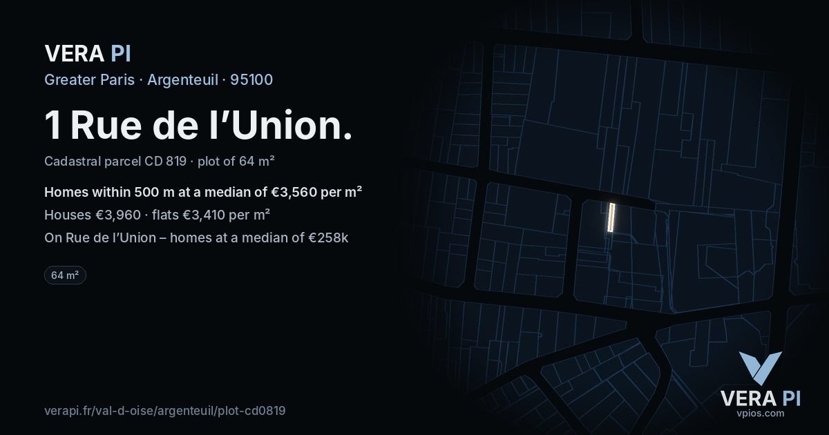 1 Rue de l’Union, Argenteuil at night – the plot lit, the parcels around coloured by the prices near them