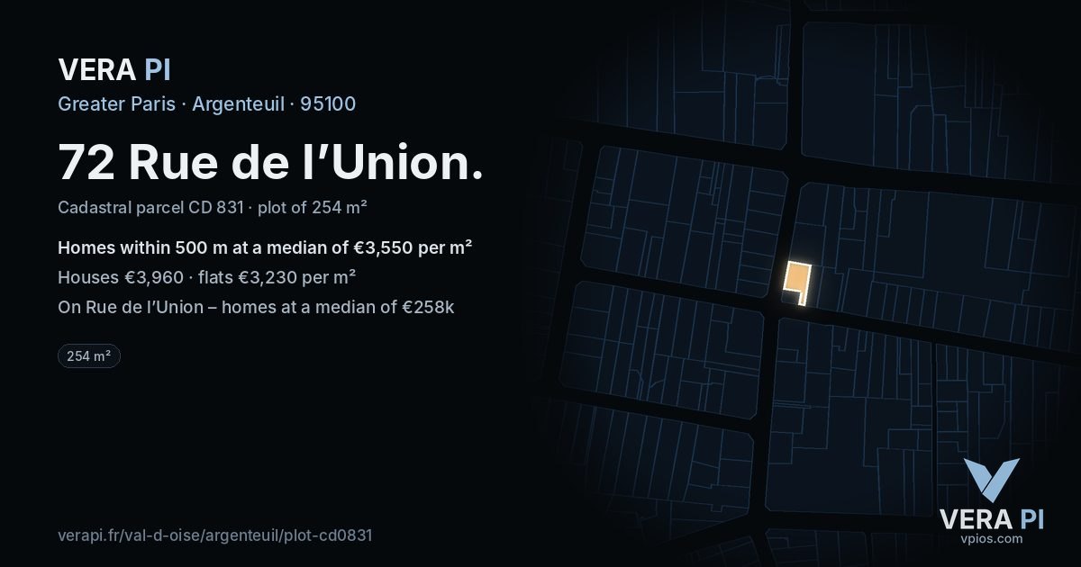 72 Rue de l’Union, Argenteuil at night – the plot lit, the parcels around coloured by the prices near them