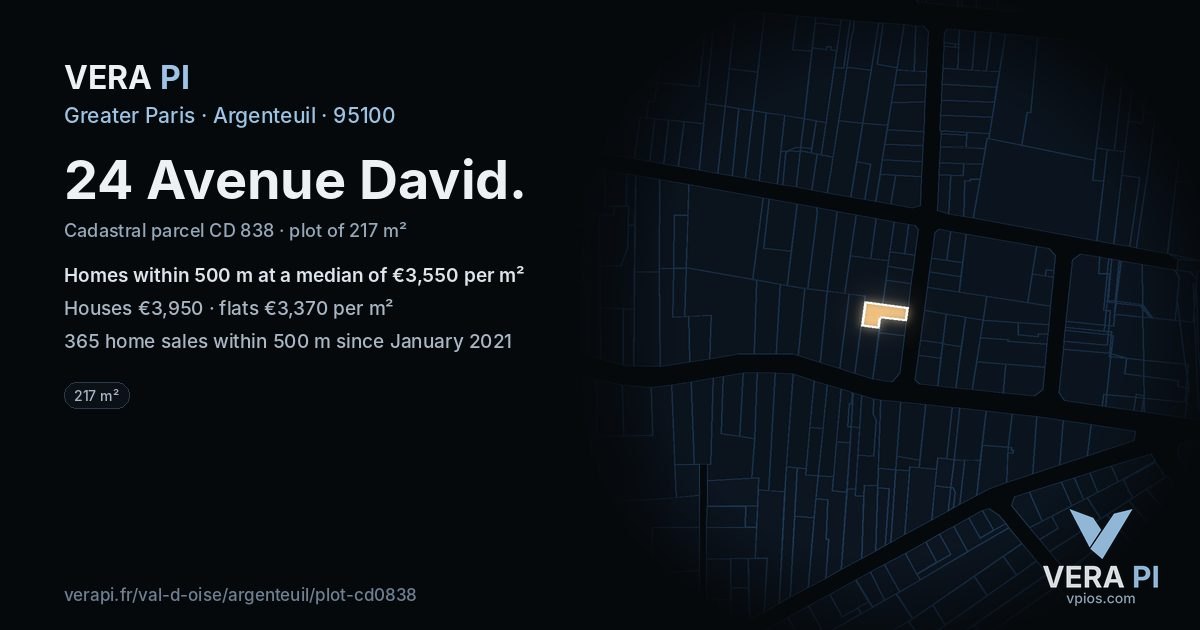 24 Avenue David, Argenteuil at night – the plot lit, the parcels around coloured by the prices near them