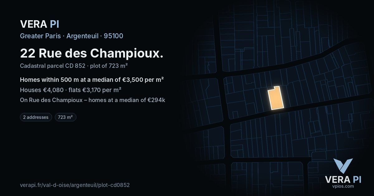 22 Rue des Champioux, Argenteuil at night – the plot lit, the parcels around coloured by the prices near them