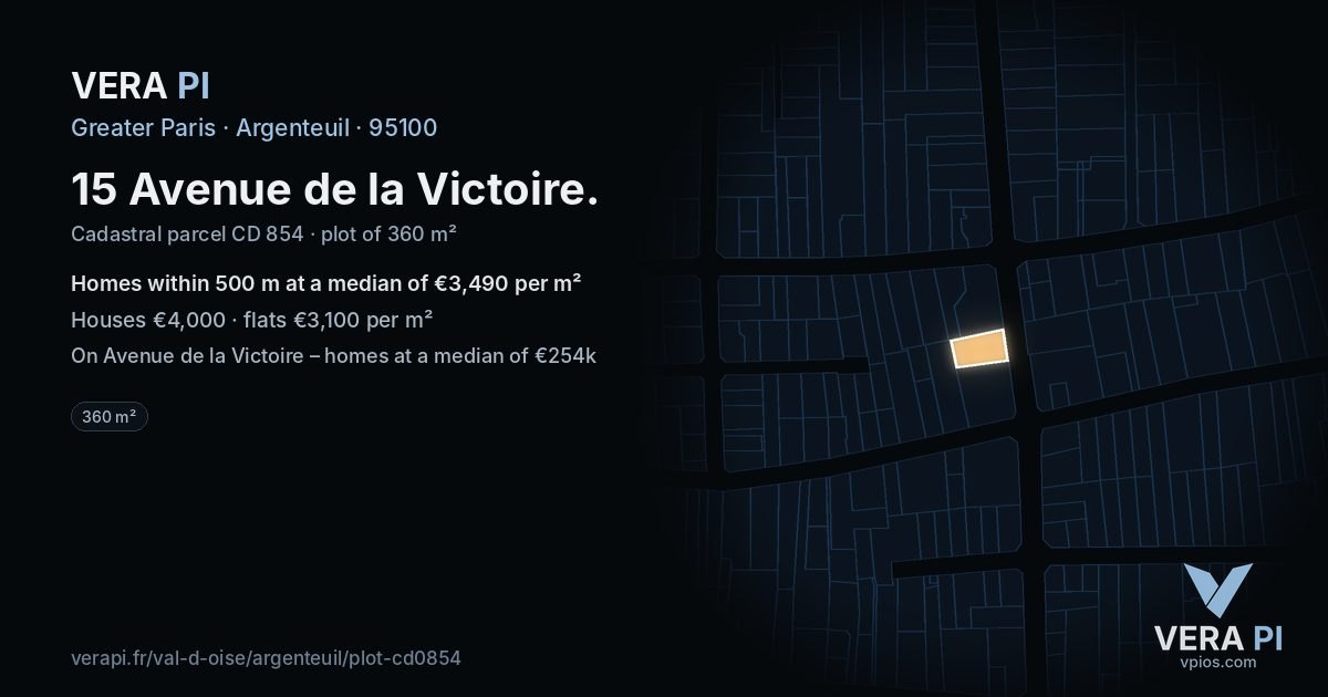 15 Avenue de la Victoire, Argenteuil at night – the plot lit, the parcels around coloured by the prices near them