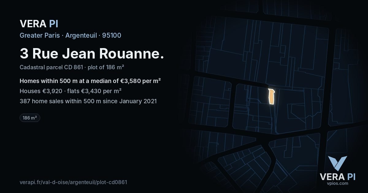 3 Rue Jean Rouanne, Argenteuil at night – the plot lit, the parcels around coloured by the prices near them