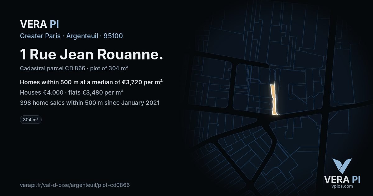 1 Rue Jean Rouanne, Argenteuil at night – the plot lit, the parcels around coloured by the prices near them