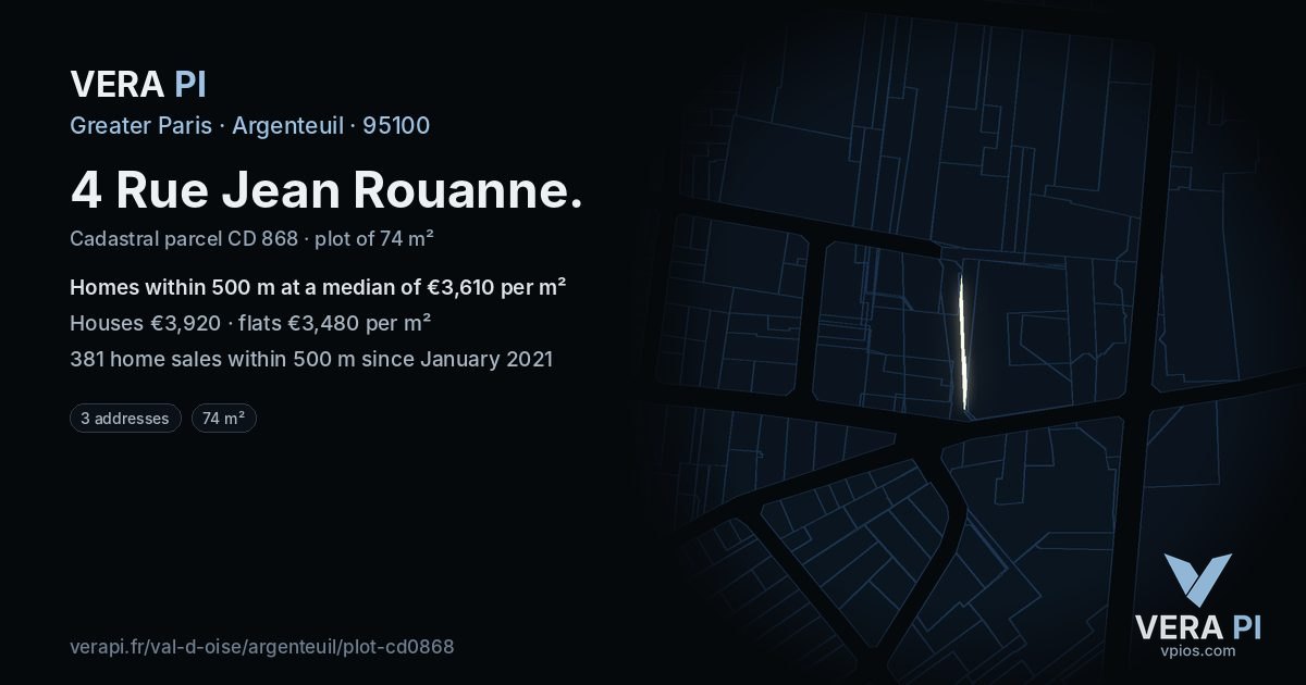 4 Rue Jean Rouanne, Argenteuil at night – the plot lit, the parcels around coloured by the prices near them