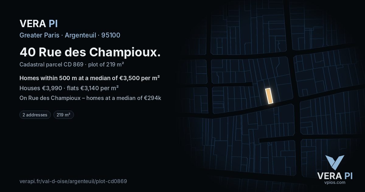 40 Rue des Champioux, Argenteuil at night – the plot lit, the parcels around coloured by the prices near them