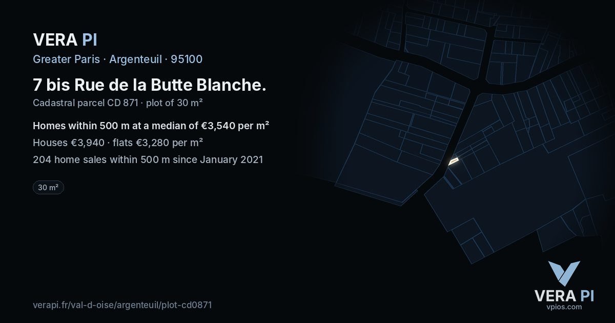 7 bis Rue de la Butte Blanche, Argenteuil at night – the plot lit, the parcels around coloured by the prices near them