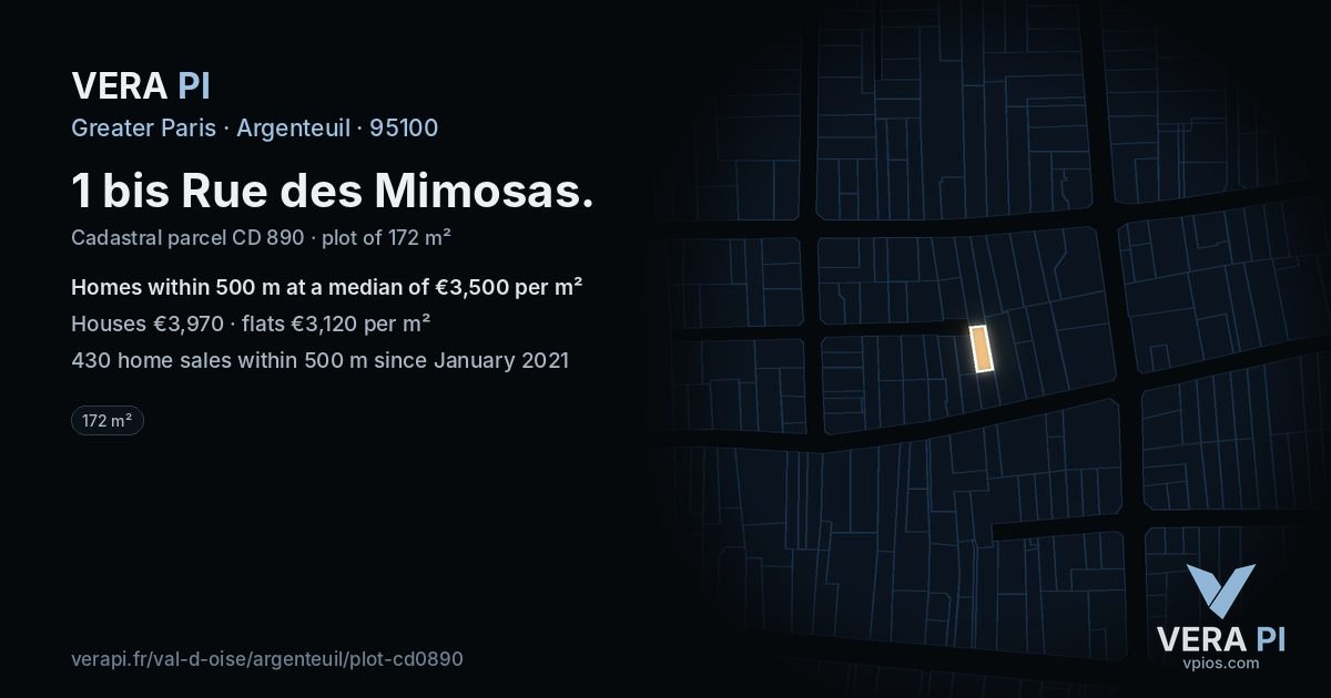 1 bis Rue des Mimosas, Argenteuil at night – the plot lit, the parcels around coloured by the prices near them