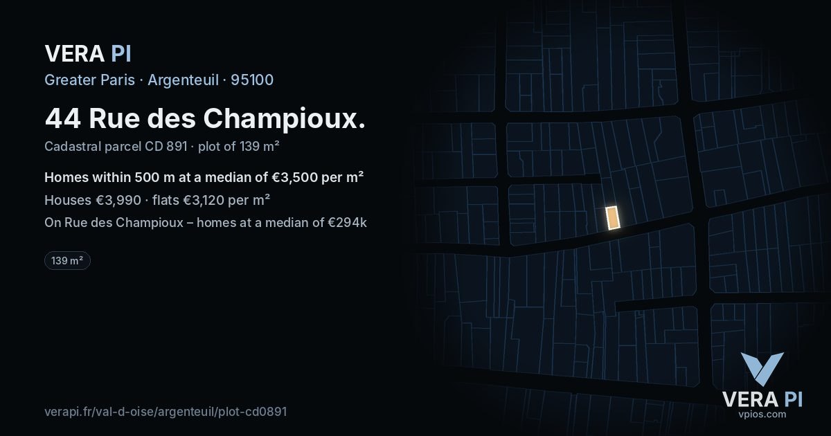 44 Rue des Champioux, Argenteuil at night – the plot lit, the parcels around coloured by the prices near them