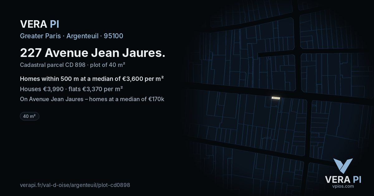 227 Avenue Jean Jaures, Argenteuil at night – the plot lit, the parcels around coloured by the prices near them