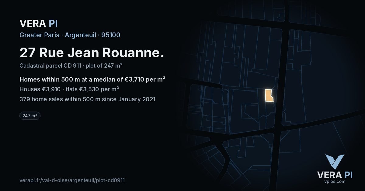 27 Rue Jean Rouanne, Argenteuil at night – the plot lit, the parcels around coloured by the prices near them