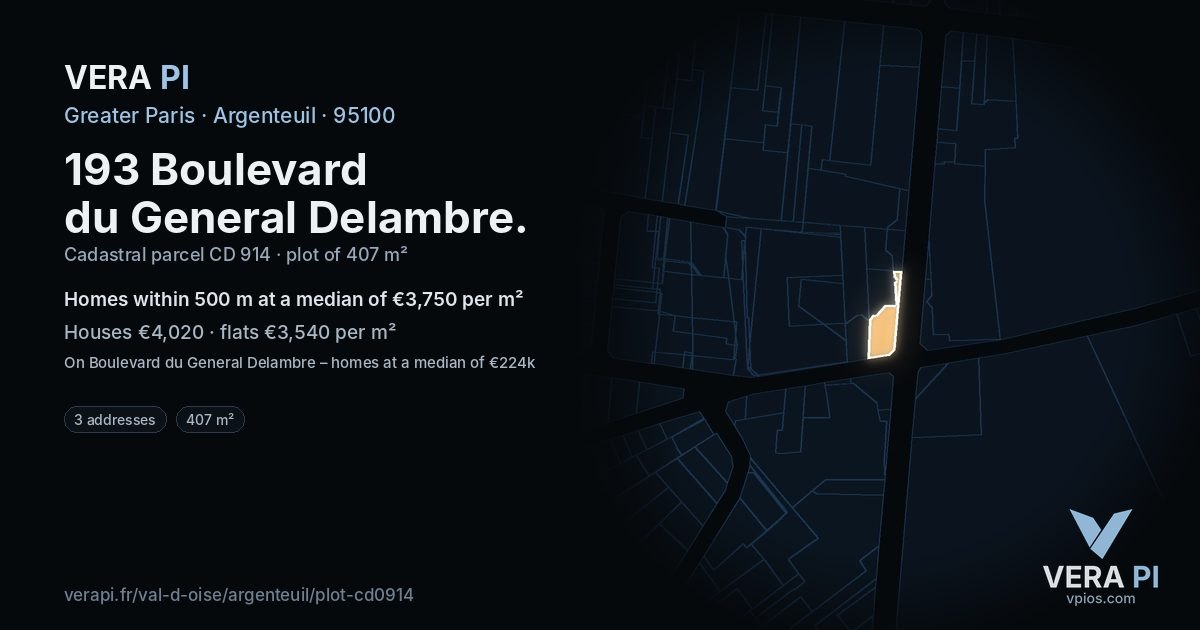 193 Boulevard du General Delambre, Argenteuil at night – the plot lit, the parcels around coloured by the prices near them