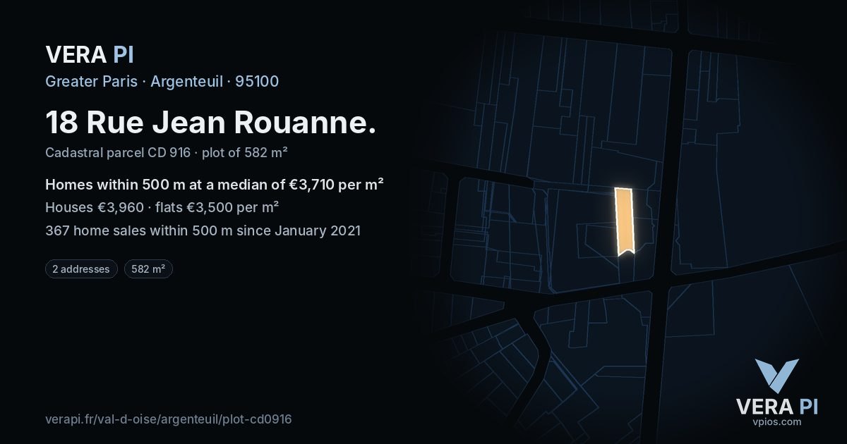 18 Rue Jean Rouanne, Argenteuil at night – the plot lit, the parcels around coloured by the prices near them