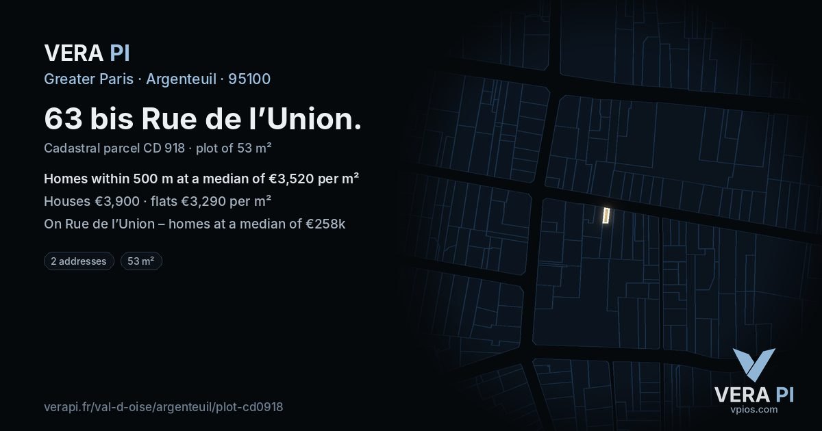 63 bis Rue de l’Union, Argenteuil at night – the plot lit, the parcels around coloured by the prices near them
