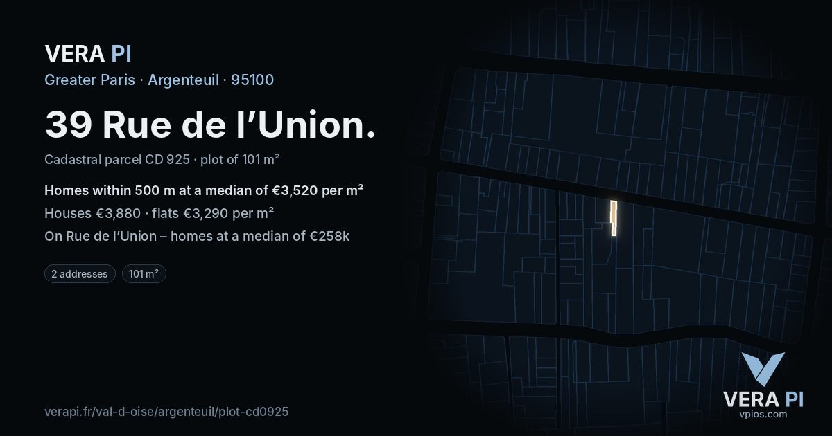 39 Rue de l’Union, Argenteuil at night – the plot lit, the parcels around coloured by the prices near them