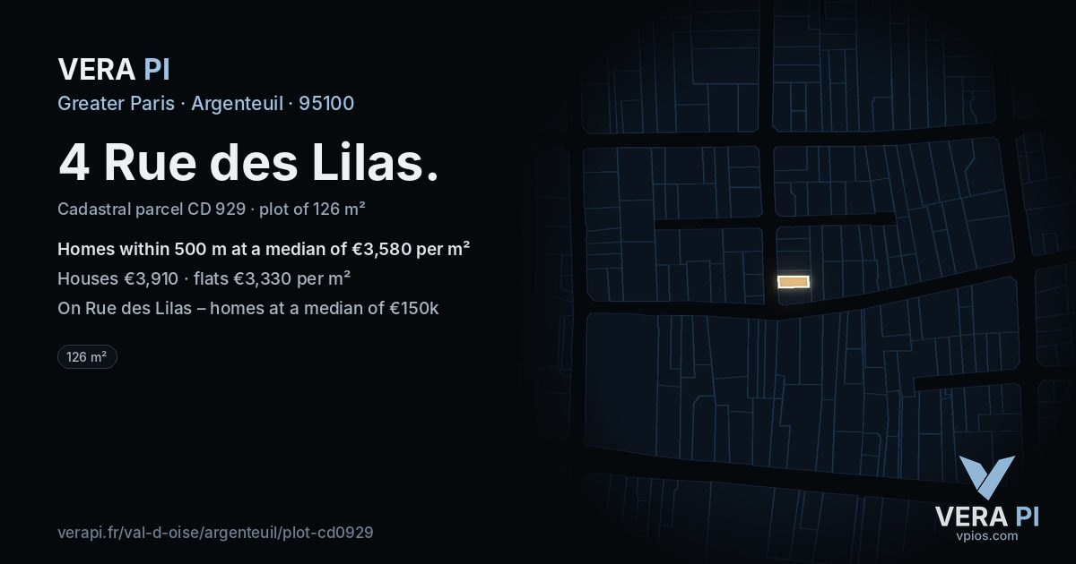 4 Rue des Lilas, Argenteuil at night – the plot lit, the parcels around coloured by the prices near them