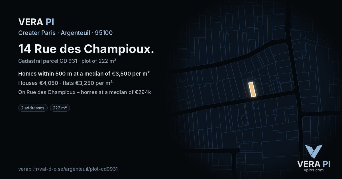 14 Rue des Champioux, Argenteuil at night – the plot lit, the parcels around coloured by the prices near them