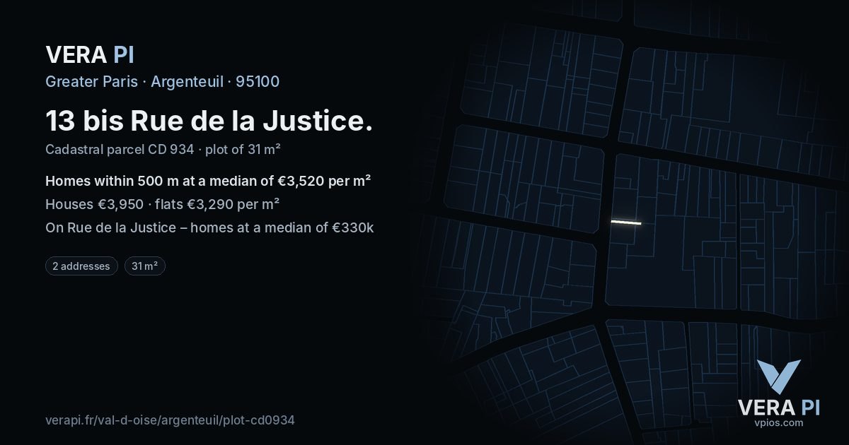 13 bis Rue de la Justice, Argenteuil at night – the plot lit, the parcels around coloured by the prices near them