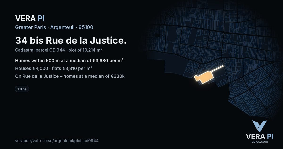 34 bis Rue de la Justice, Argenteuil at night – the plot lit, the parcels around coloured by the prices near them