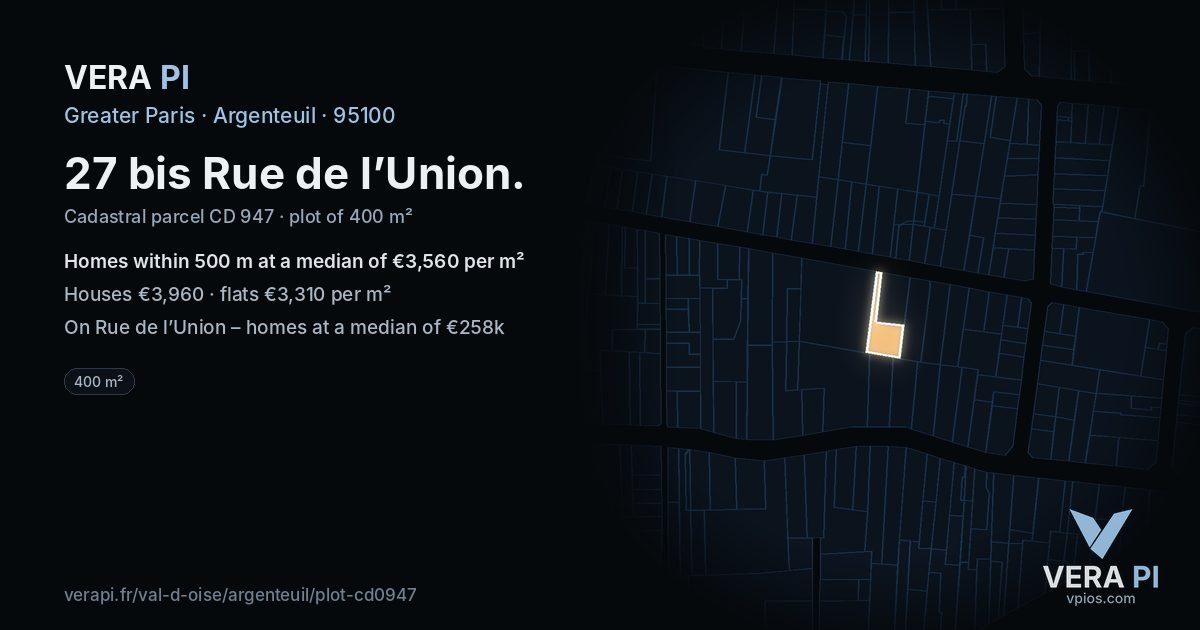 27 bis Rue de l’Union, Argenteuil at night – the plot lit, the parcels around coloured by the prices near them