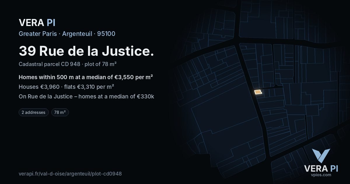 39 Rue de la Justice, Argenteuil at night – the plot lit, the parcels around coloured by the prices near them