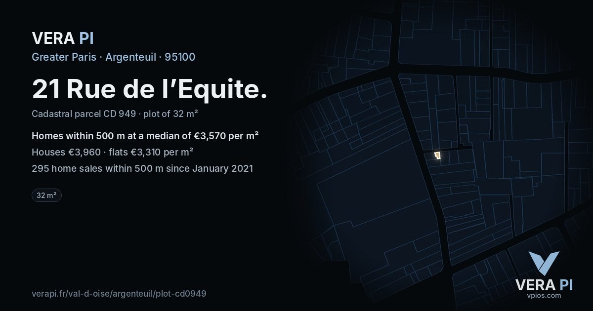 21 Rue de l’Equite, Argenteuil at night – the plot lit, the parcels around coloured by the prices near them