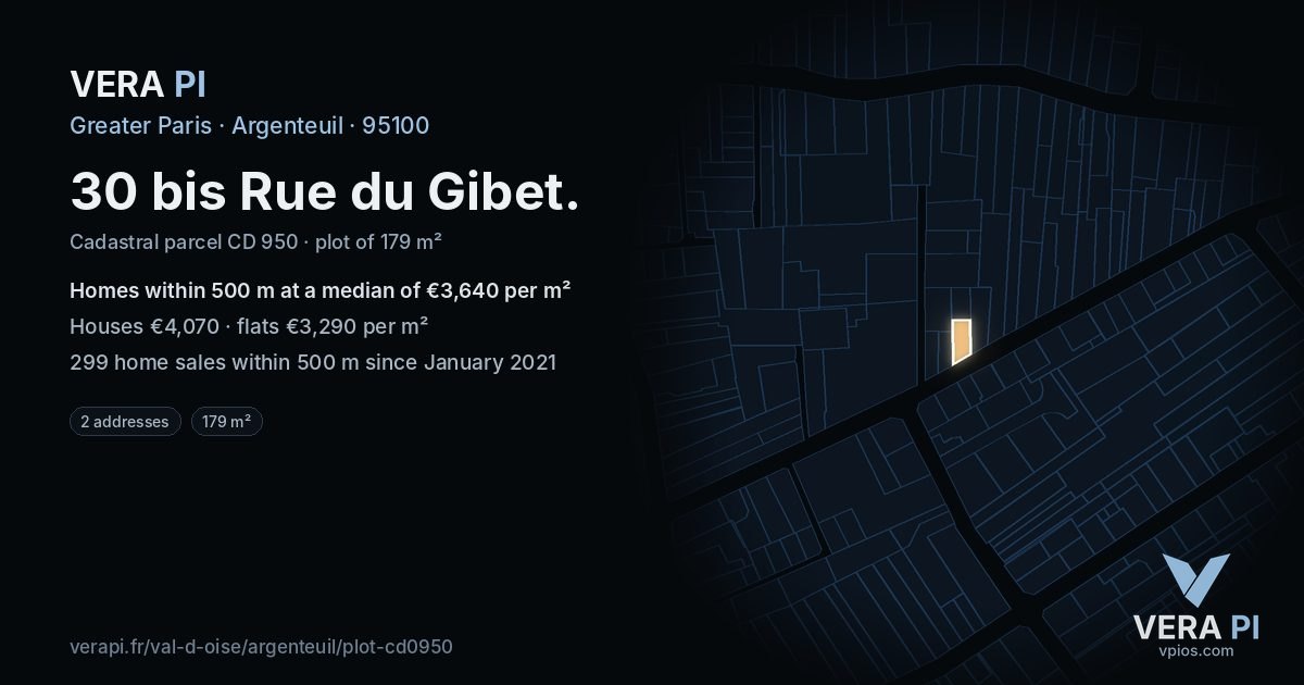 30 bis Rue du Gibet, Argenteuil at night – the plot lit, the parcels around coloured by the prices near them