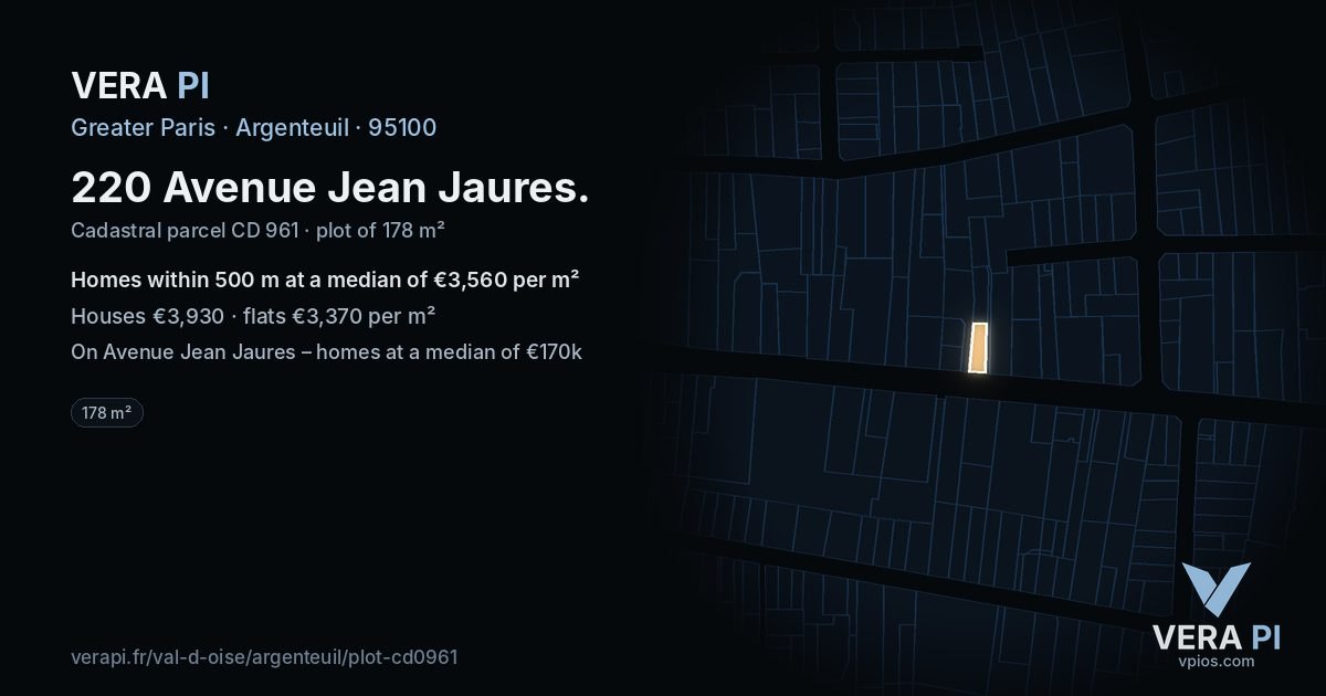 220 Avenue Jean Jaures, Argenteuil at night – the plot lit, the parcels around coloured by the prices near them