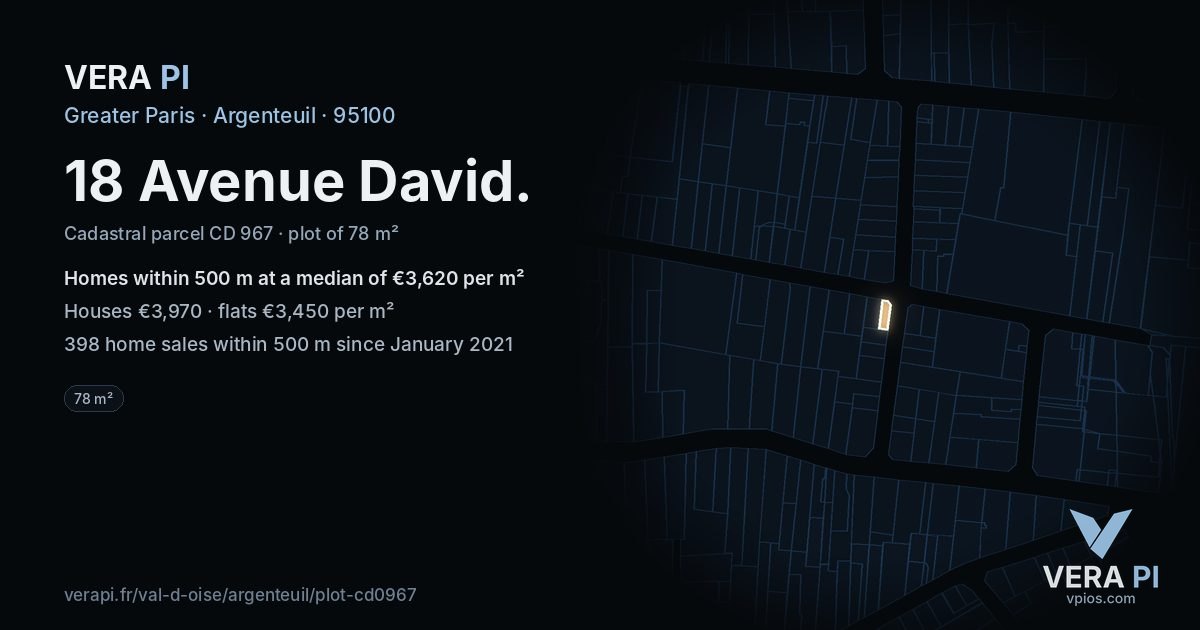 18 Avenue David, Argenteuil at night – the plot lit, the parcels around coloured by the prices near them